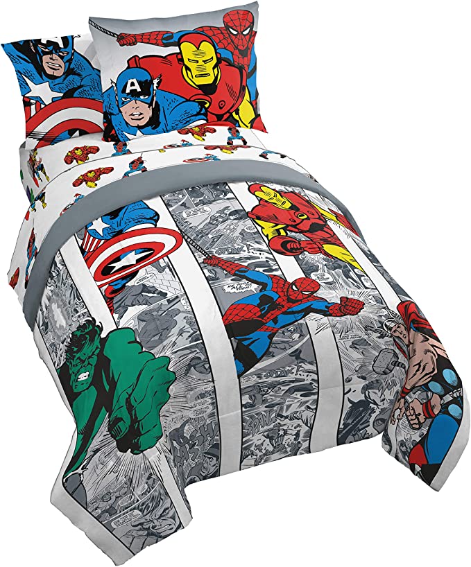 Jay Franco Marvel Avengers Comic Cool 5 Piece Twin Bed Set - Includes Comforter & Sheet Set - Bedding Features Captain America, Spiderman, Iron Man, Hulk, Thor - Super Soft (Official Marvel Product)
