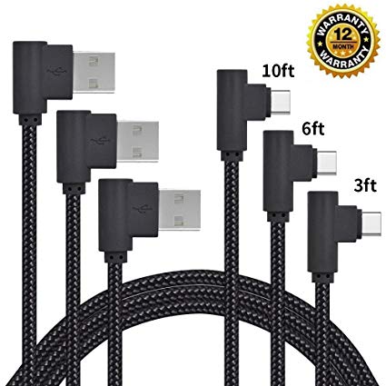 USB Type C Cable, CTREEY 90 Degree 3 Pack 3ft 6ft 10ft Nylon Braided Long Cord USB Type A to C Charger for Macbook, LG G6 V20 G5,Google Pixel, Nexus 6P, Nintendo Switch, Samsung Galaxy S8  (Black)