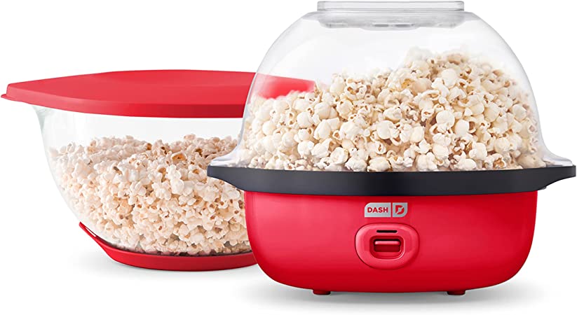 DASH SmartStore™ Deluxe Stirring Popcorn Maker, Hot Oil Electric Popcorn Machine with Large Lid for Serving Bowl and Convenient Storage, 24 Cups – Red