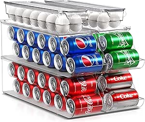 Sorbus Soda Can Organizer for Refrigerator & Egg Holder for Fridge Set, 4 Stackable Can Holder Dispenser Holds 12 Cans Each & 2 Egg Holders with Lid holds 14 eggs for Fridge, Pantry, Freezer, BPA-Free