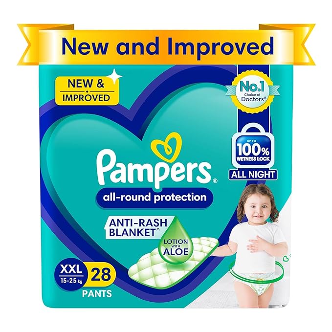 Pampers All round Protection Pants Style Baby Diapers, XX-Large (XXL) Size, 28 Count, Anti Rash Blanket, Lotion with Aloe Vera, 15-25kg Diapers