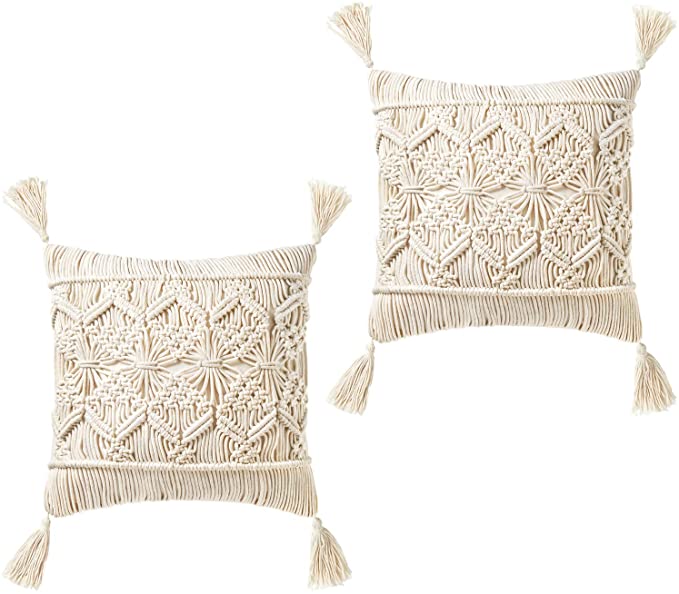 Mkono Throw Pillow Cover Tassel Macrame Cushion Case (Pillow Inserts Not Included) Set of 2 Decorative Pillowcase for Bed Sofa Couch Bench Car Boho Home Decor,17 Inches