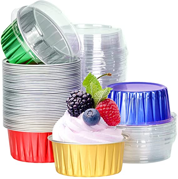 Aluminum Foil Baking Cups with Lids 48pcs 125ml Aluminum Foil Cupcake Liners Cups with Lids, 5oz Disposable Foil Baking Cake Cups, Aluminum Muffin Cups for Bakery Wedding Birthday Party