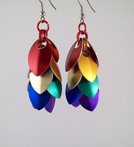 rainbow earrings, pride earrings, chainmaille earrings, dragon scale