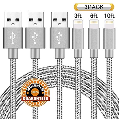 Suanna iPhone Cable 3Pack 3FT 6FT 10FT Nylon Braided Certified Lightning to USB iPhone Charger Cord for iPhone X 8 7 Plus 6S 6 SE 5S 5C 5, iPad 2 3 4 Mini Air Pro, iPod Nano 7 (Gray)