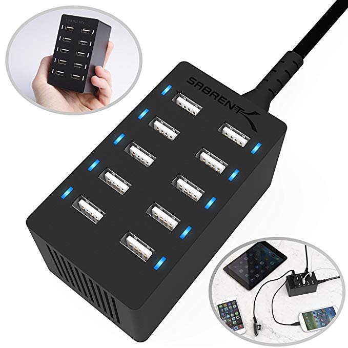 Sabrent 60 Watt (12 Amp) 10-Port Family-Sized Desktop USB Rapid Charger. Smart USB Charger with Auto Detect Technology for iPhone 6 5s 5c 5, iPad Air mini, Galaxy S5 S4, Note 3 2, the new HTC One (M8), Nexus and More [Black] (AX-TPCS)