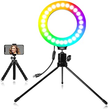 EEIEER Ring light, video conference lighting, 6'' RGB Selfie Ring Light on desktop, Mini LED Dimmable Ring Light with Cell Phone Holder Desktop LED Lamp with USB for YouTube Video/Live Stream/Makeup/Photography for iPhone Android (RGB, 6 INCH)