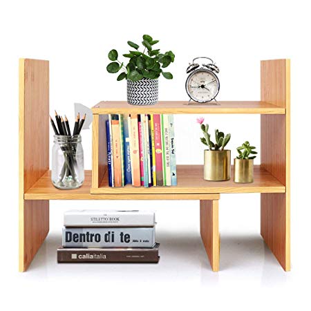 Desktop Bookshelf Adjustable Wood Display Shelf Countertop Bookcase Office Supplies Desk Organizer Accessories - Natural Bamboo Stand Shelf