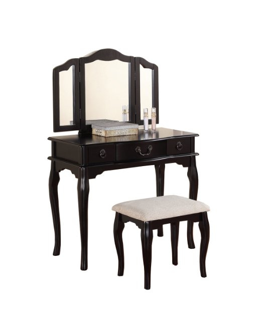 Poundex Bobkona Susana Tri-fold Mirror Vanity Table with Stool Set, Black