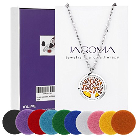 JAROMA Premium Tree of Life Aromatherapy Essential Oil Diffuser Necklace Locket Pendant, Hypo-allergenic 316L Surgical Grade Stainless Steel Jewelry with 24" Chain and 10 Washable Pads