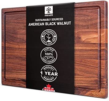 Mevell Large Walnut Wood Cutting Board - 17x11 with Juice Drip Groove Big American Hardwood Chopping and Carving Countertop Block