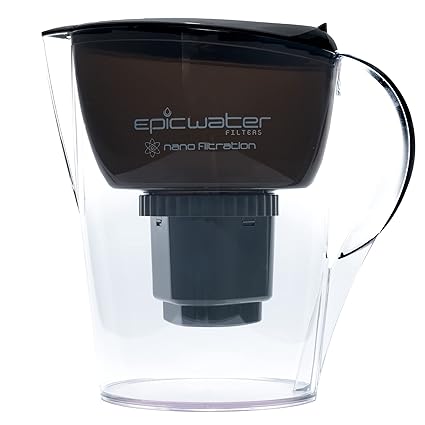 Epic Nano | Water Filter Pitchers for Drinking Water | 10 Cup | 150 Gallon Filter | Gravity Water Filter | Removes Virus, Bacteria, Chlorine | Water Purifier (Black)