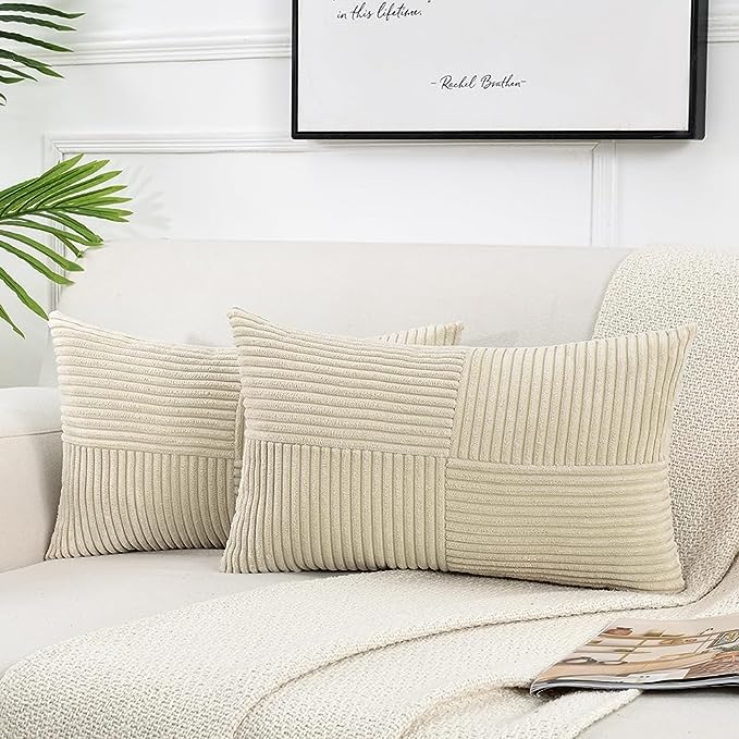 Fancy Homi 2 Packs Tan Lumbar Decorative Throw Pillow Covers 12x20 Inch for Living Room Couch Bed Sofa, Boho Home Decor, Soft Striped Corduroy Rectangle Accent Beige Cushion Case 30x50 cm