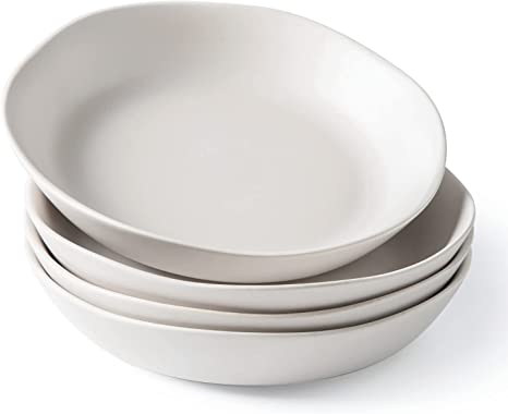 AmorArc 9.75 inch Stoneware Flat Pasta Bowl Set of 4, 38oz Large Wide Serving Bowls for Dinner Pasta Salad, Microwave Safe Plate with Wavy Rim for Kitchen, Matte White