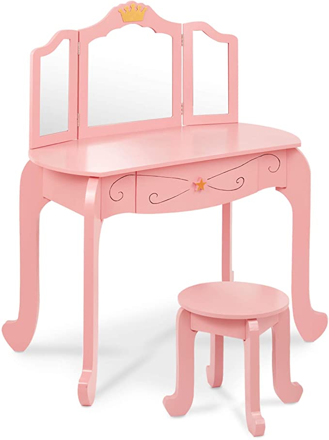 HOMFY Kids Pretend Play Vanity Table and Chair Set Wooden Vanity with Mirror Pretend Play Makeup Dressing Table with Drawer Pink