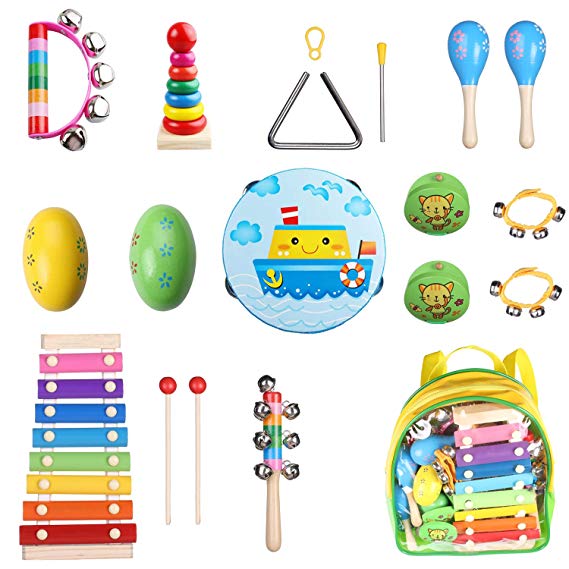 Children’s Musical Instruments Sets with Xylophone for Kids, 17 Pcs Wooden Music Rhythm Percussion Birthday Gifts for Boys and Girls with a Free Portable Clear Backpack