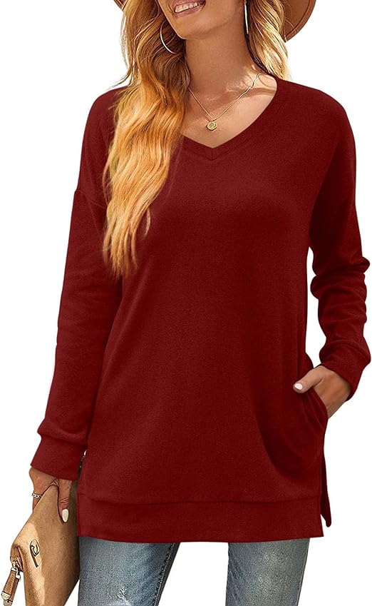 Jescakoo Women Fall Sweater Long Sleeve Shirts Tunic Tops with Pockets Fashion 2023