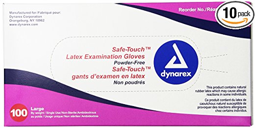 Dynarex Safe-touch Latex Exam Glove Powder Free, Large, 100 Count (Pack of 10)