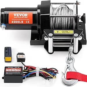 VEVOR ATV Winch, 4000 lb Electric Winch, 12V Small ATV UTV Winch with 3/16 in x 39 ft Steel Cable Roller Fairlead Wired Remote Control, IP55 Waterproof for Towing UTV ATV Car Vehicle Off-Road