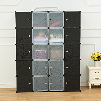 UNICOO - Multi Use DIY Plastic 20 Cube Organizer, Bookcase, Storage Cabinet, Wardrobe Closet Black with Black   White Door (Deeper Cube)