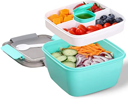 Portable Salad Lunch Container - 38 Oz Salad Bowl - 2 Compartments with Dressing Cup, Large Bento Boxes, Meal Prep to go Containers for Food Fruit Snack