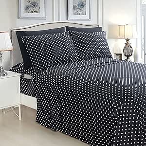 Elegant Comfort Delilah Polkadot 6-Piece Set, Fade & Wrinkle Resistant, 1500 Premium Hotel Quality Microfiber Deep Pocket Fitted Sheet Featuring Smart Pockets, Polkadot Sheet Set, Full, Black