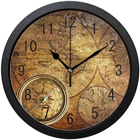 luckboy-zm Modern Minimalist Arabic Numerals Wall Clock-Vintage World Map Compass Artwork Round Wall Clock Non Ticking Silent Clock Art for Living Room Kitchen Bedroom-10in