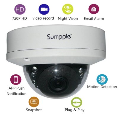 Sumpple Wired 720P Indoor IP Video Dome Camera, 1.0MP Network Camera, Night Vision, Motion Detection, Email Alarm, Video Record, Snapshot for Home, Office, Business, Use on IOS, Android or PC White