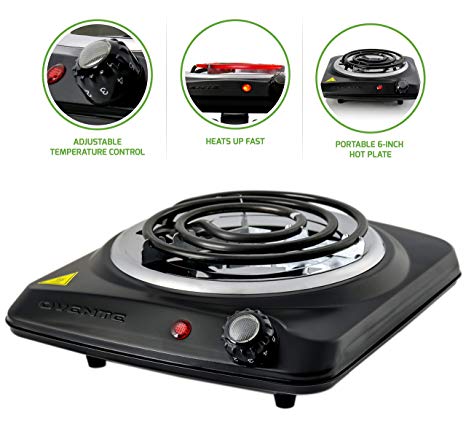 OVENTE Countertop Electric Single Coil Burner, 1000W (120V), 6-Inch Plate, Adjustable Temperature Control, Metal Housing, Black (BGC101B)