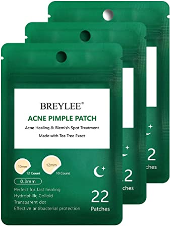 Acne Patches - BREYLEE Tea Tree Pimple Patches Acne Dots Acne Absorbing Cover Pimple Healing Sticker Blemish Spot Treatment Hydrocolloid Acne Patch (3 Pack, 66 Count)