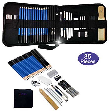 Lasten 35 Pcs Professional Sketching & Drawing Pencils Kit, Sketching Pencils Set with Erasers, Charcoal Pencils, Graphite Pencils, Art Supplies Set with Case for Artists, Beginners, School Students