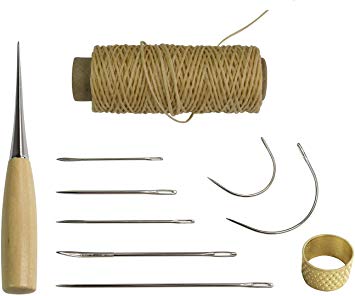 Ouway 7 Pieces Curved Hand Sewing Needles Kit with Drilling Awl Thimble and Flat Waxed Thread for Upholstery Carpet Leather Furs Canvas Repair Tool