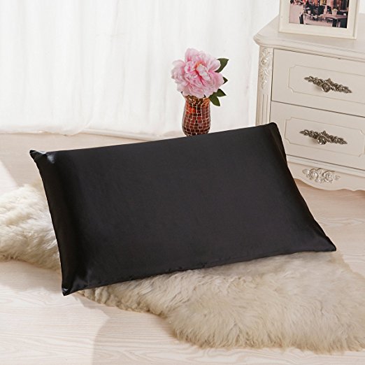 ALASKA BEAR - Natural Silk Pillowcase, Hypoallergenic, 19 momme, 600 thread count 100 percent Mulberry Silk, Standard Size with hidden zipper(Black)