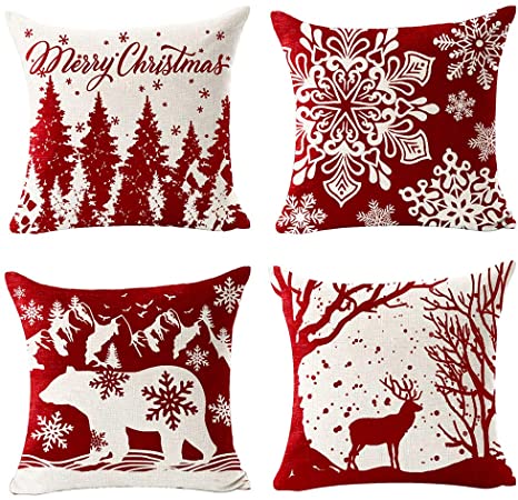 Andreannie Set of 4 Merry Christmas Let It Snow Snowflake Red Bear Cotton Linen Decorative Throw Pillow Cover Cushion Case for Home Sofa Square 18 Inches­ (Cardinal)