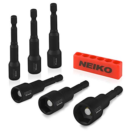 Neiko 10191A Magnetic Nut Driver, 6 Piece Impact Bit Set | Metric Sizes (8-14 mm)