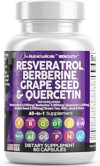 Resveratrol 6000mg Berberine 3000mg Grape Seed Extract 3000mg Quercetin 4000mg Green Tea Extract - Polyphenol Supplement for Women and Men with N-Acetyl Cysteine, Acai Extract