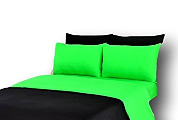Tache 4 Piece Cotton Solid Lime Green Black Fitted Sheet and Reversible Duvet Cover Set, Twin