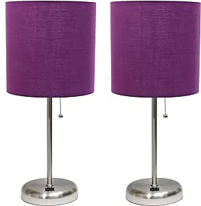 Simple Designs LC2002-PRP-2PK Brushed Steel Stick Table Lamp Set with USB Charging Port and Purple Fabric Shades, 2 Pack Set