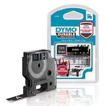 DYMO D1 Durable Labeling Tape for LabelManager Label Makers, White Print on Black Tape, 1/2" W x 10' L, 1 Cartridge (1978365), DYMO Authentic