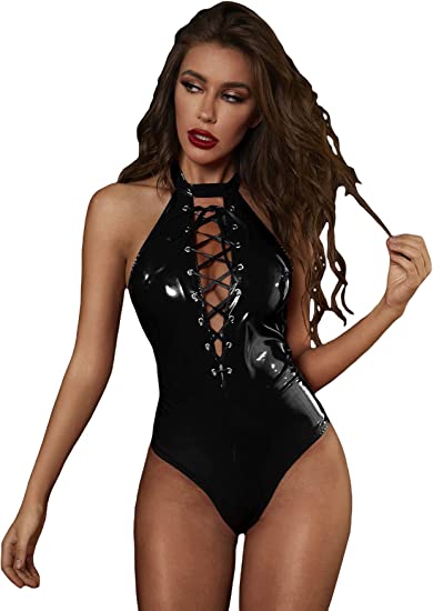 Milumia Women's PU Leather Lace Up Backless Halter Teddy Lingerie Bodysuit