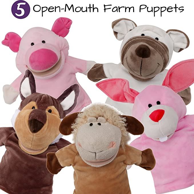 5-Piece Set Animal Hand Puppets with Open Movable Mouth/Zoo, Safari, Farm, Jungle/Rabbit, Sheep, White Dog, Pig and Wolf