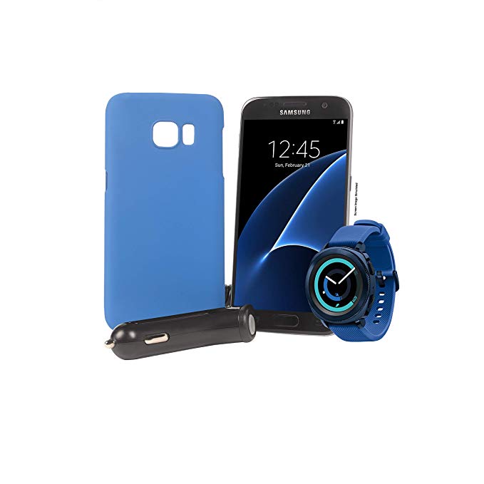 Tracfone Samsung Galaxy S7 4G LTE Smartphone, Black with Samsung Gear Sport Smartwatch (Bluetooth), Blue, SM-R600NZBAXAR, 1500 Minutes, 1500 Text, 1.5GB Data, 1 Year of Service, Blue Case, Car Charger