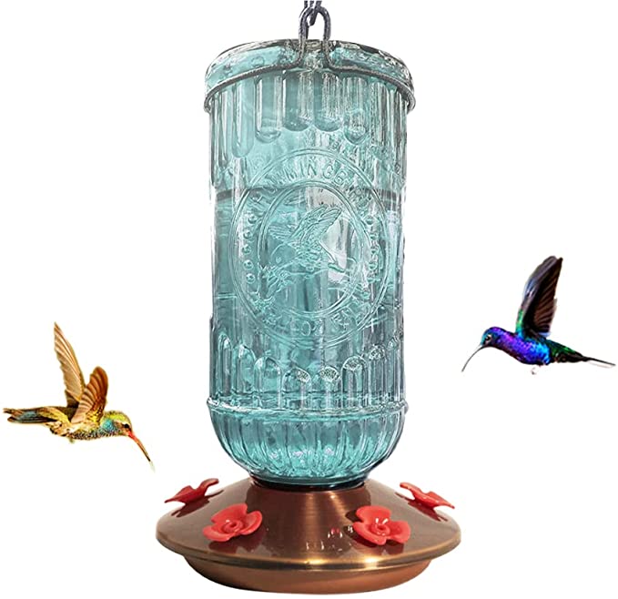 Nature's Rhythm Bird Feeder Vintage Blue Antique Glass Bottle Hummingbird Feeder 5 Feeding Ports and 28-Ounce Nectar Capacity Per Feeder (Blue)