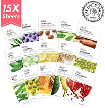 The Face Shop Facial Mask Sheets (15 Treatments), Real Nature Full Face Masks Peel Off Disposable Sheet (Pack of 15), Anti Aging Firming Moisturizing Essence