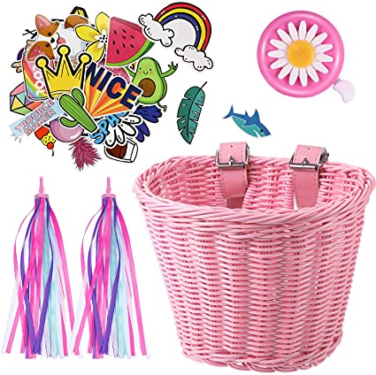 Kid's Bicycle Basket Streamers Set, Unicorn Children's Bike Handlebar Wicker Basket Bike Streamers Bell and Stickers, Bike Basket Front Decoration for Girls