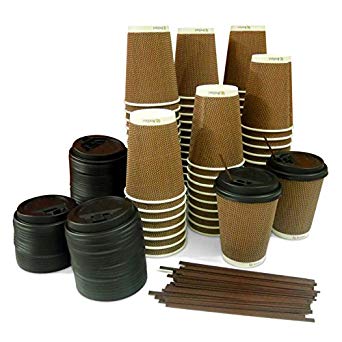 IDEAL PACK of 75 - 12 oz Disposable Triple-Walled Strong Paper Coffee Hot Cups, Travel Lids & Stirrers; Rippled To Go Coffee Cups, Disposable Travel Mug For Hot/Cold Coffee, Tea, Chocolate & Coco