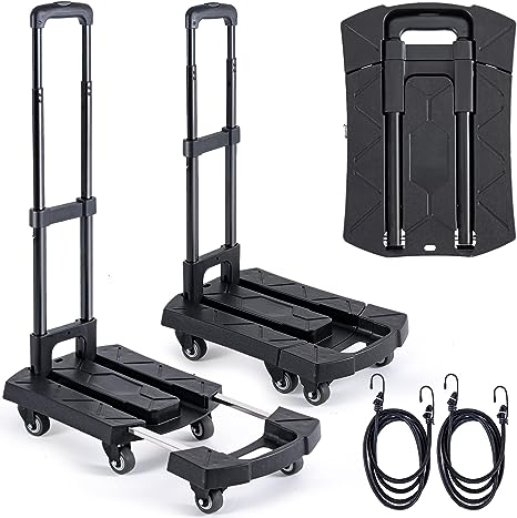 Folding Hand Truck Portable Dolly Cart Max 350 lbs Aluminum Foldable Dolly Cart Luggage Trolley Cart, 6 Wheels Push Cart Dolly for Moving, Small Platform Hand Cart with 2 Ropes Black