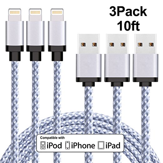 Lightning Cable, Sundix 3Pack 10FT iPhone Charger 8Pin Nylon Braided Charging Cord Compatible with iPhone X/8/8Plus /7/ 7Plus/ 6/ 6S/ 6 Plus/ 6S Plus/SE/5C/5S/5, iPad/iPod and More(White)