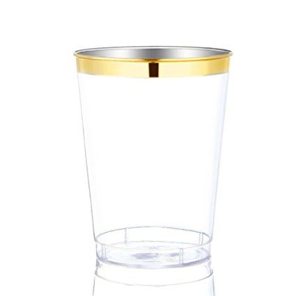 WDF 60Pack Gold Plastic Cups -9 oz Disposable Clear Plastic Cups With Gold Rim-Hard Party/Wedding Plastic Tumblers (Gold Trim)