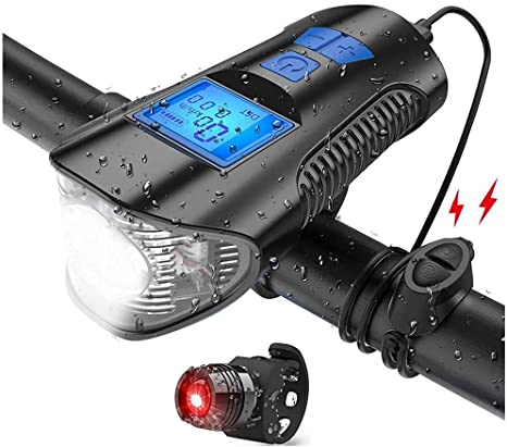 BESTSUN Bike Light Set, Bicycle Headlight and Taillight USB Rechargeable Bike Front Light with Speedometer Odometer LCD Display and Horn 4 Modes Night Riding Light for Mountain Bike Cycling